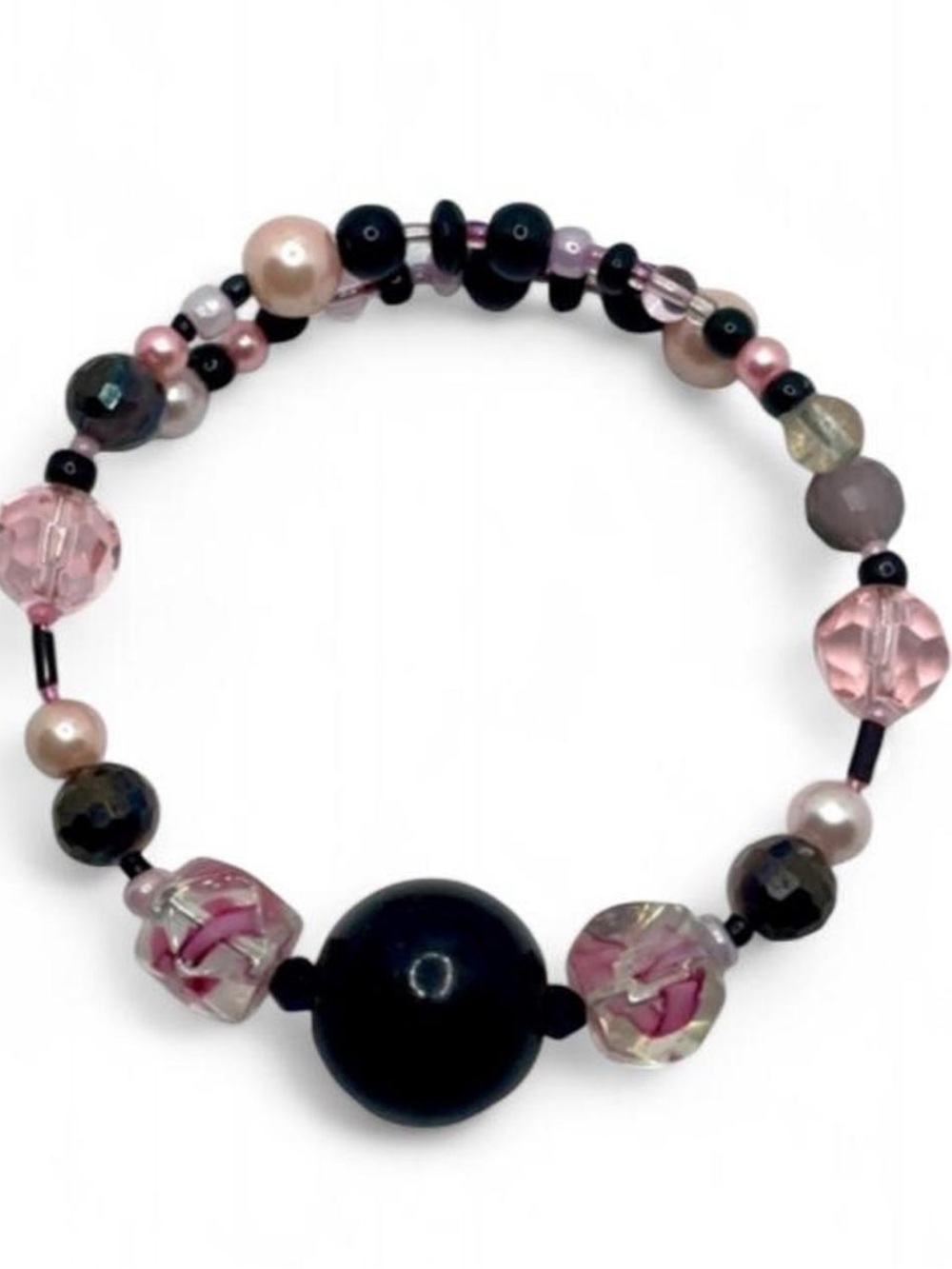 Vintage Bead Crystal Pink Faux Pearl Memory Wire Bracelet